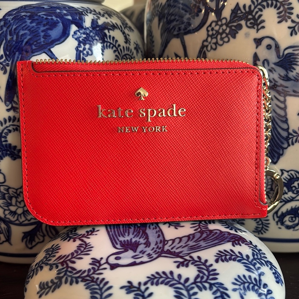 ♠️Kate spade red wallet  L-Zip Card Holder Keychain❤️